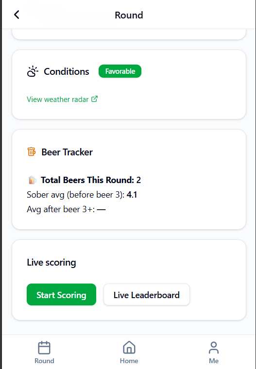 Beer Tracker statistics showing total beers for the round and scoring averages before and after beer three
