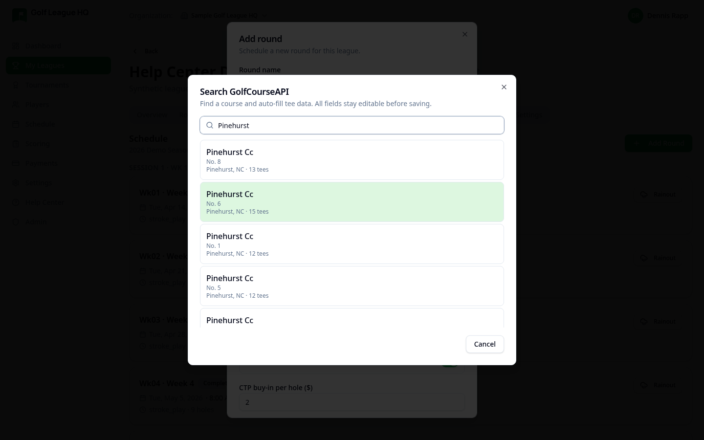 Course search dialog open over the Add round form, showing a course-name search box and a list of matching courses with location and tee counts