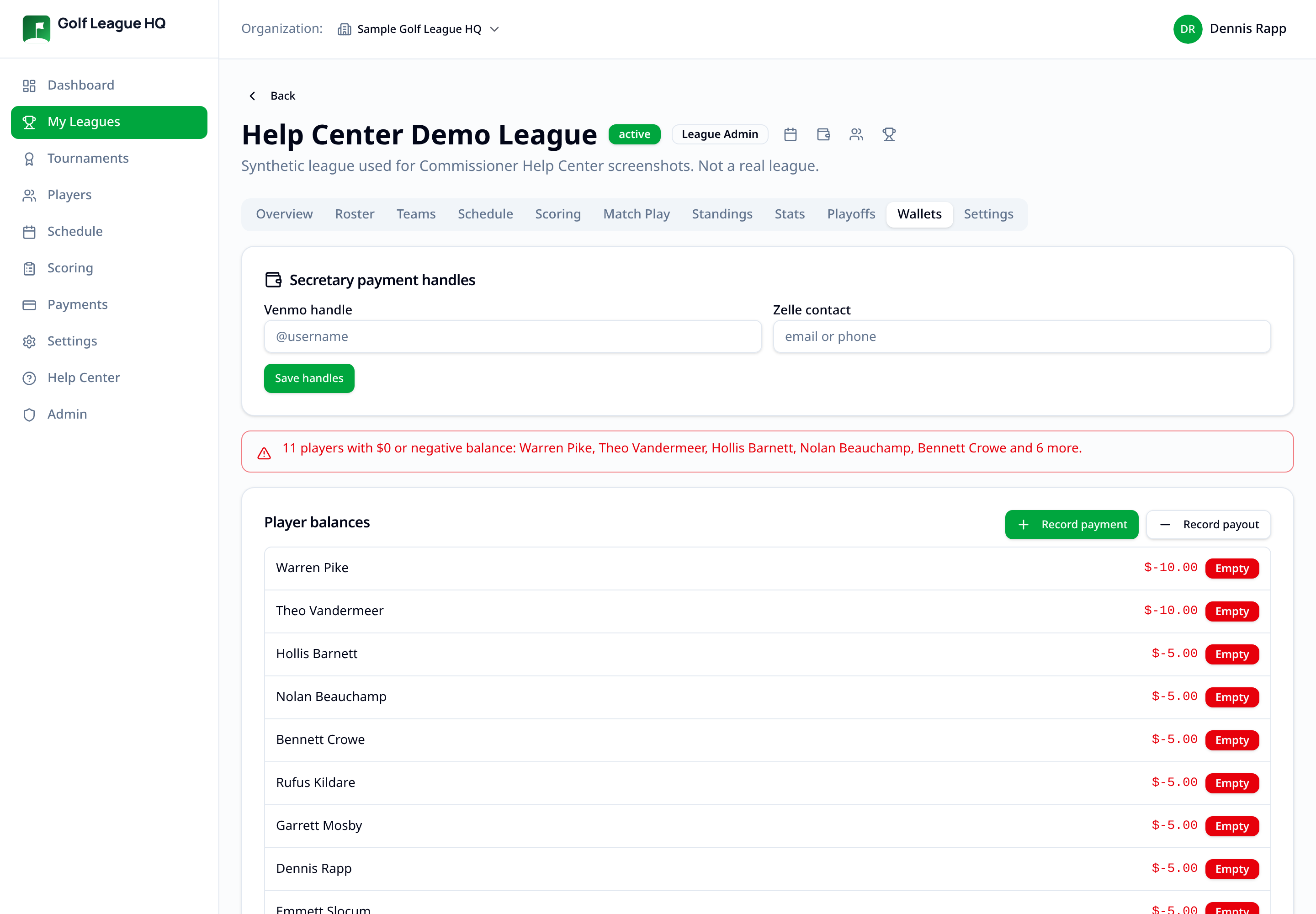 League Wallets tab showing secretary payment handles, a low-balance warning and a player balances list with Record payment and Record payout actions
