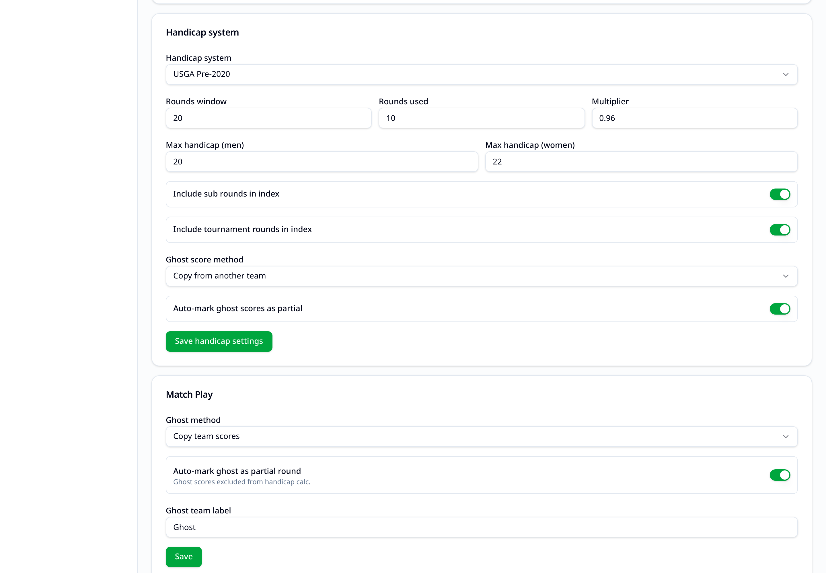 Handicap system settings showing handicap system, rounds window, rounds used, multiplier, maximum handicaps and ghost score options