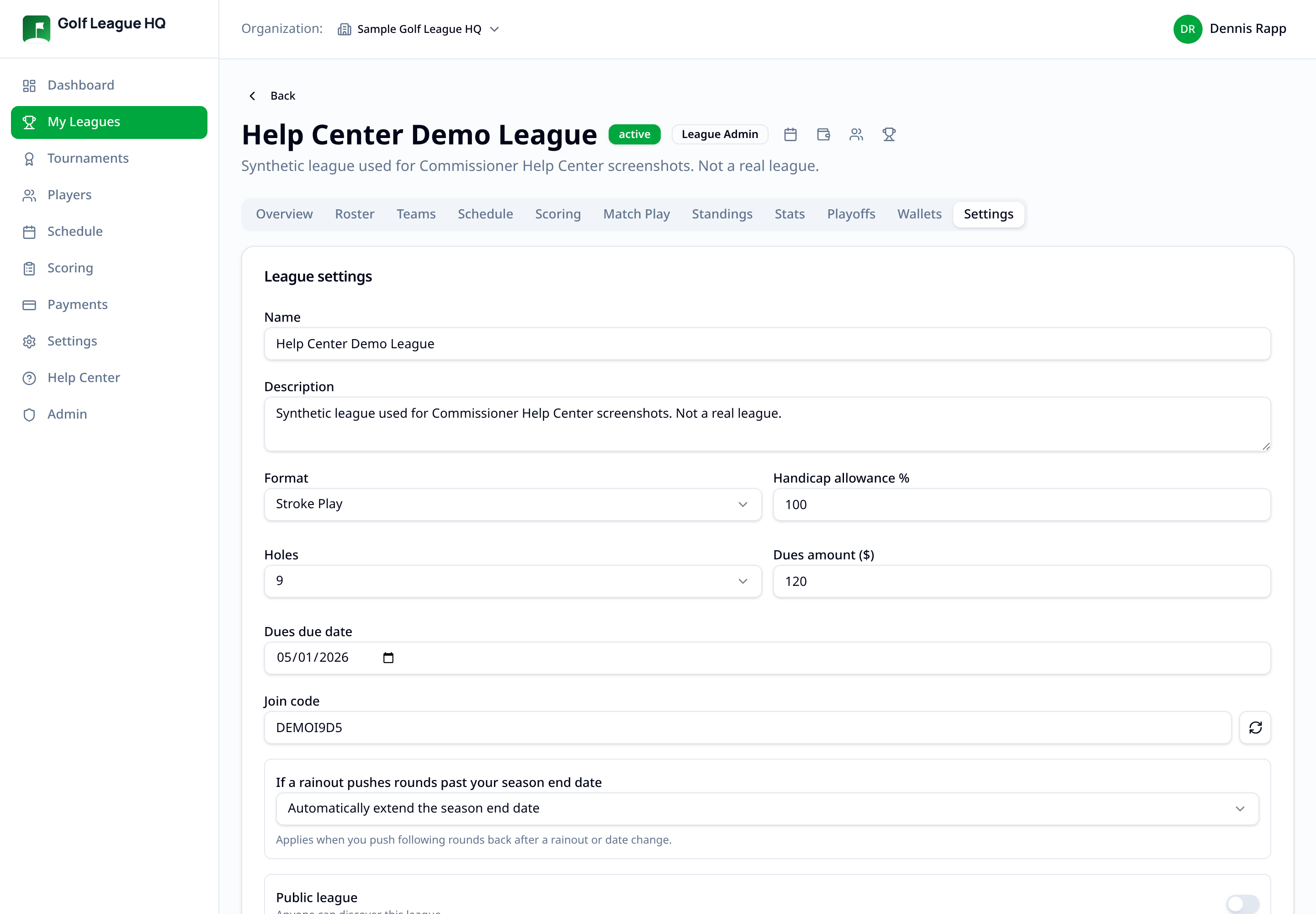 League Settings tab showing name, description, format, handicap allowance, holes, dues amount, dues due date, join code and rainout shift policy fields
