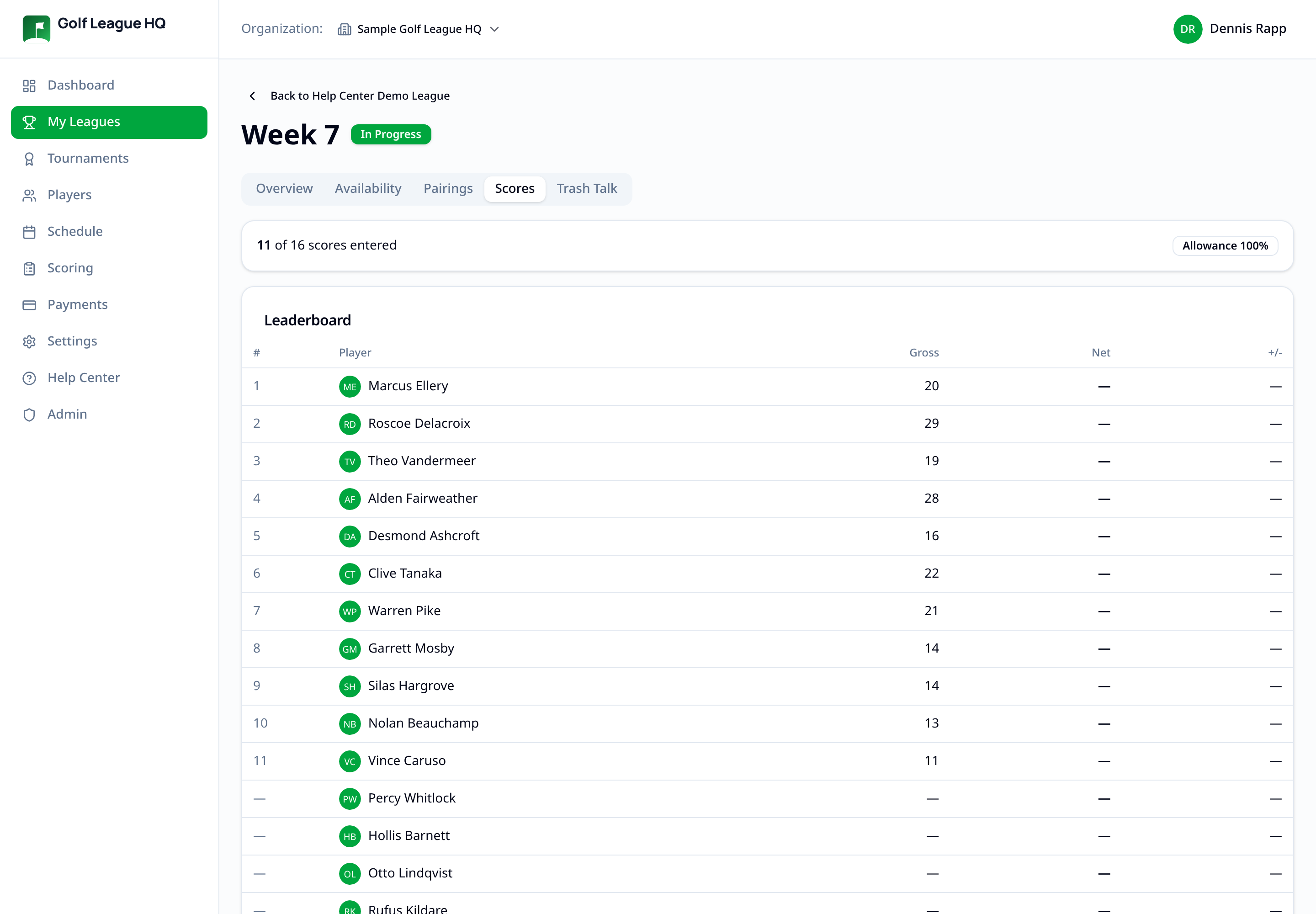 Live scoring view in Golf League HQ showing hole-by-hole scores as the league plays