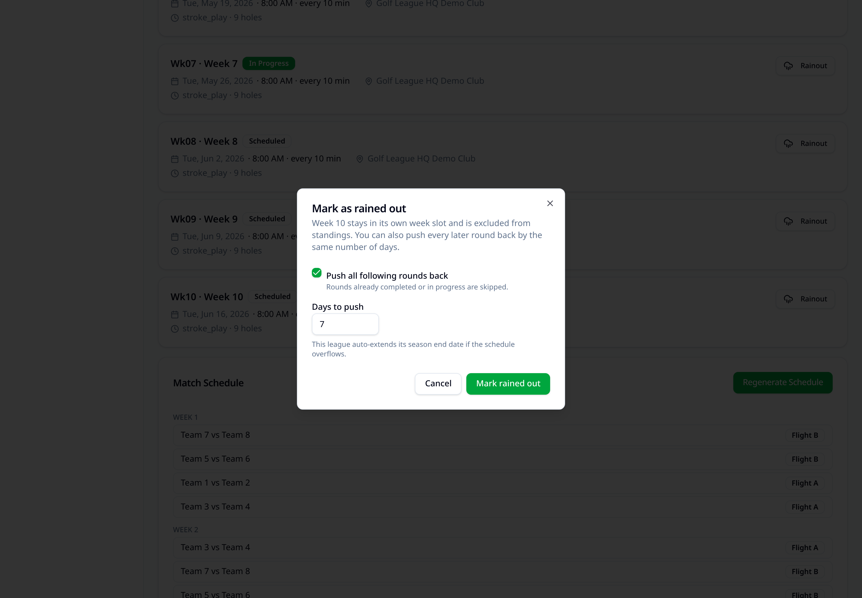 Rainout dialog with an option to push all following rounds back and a preview of the new dates