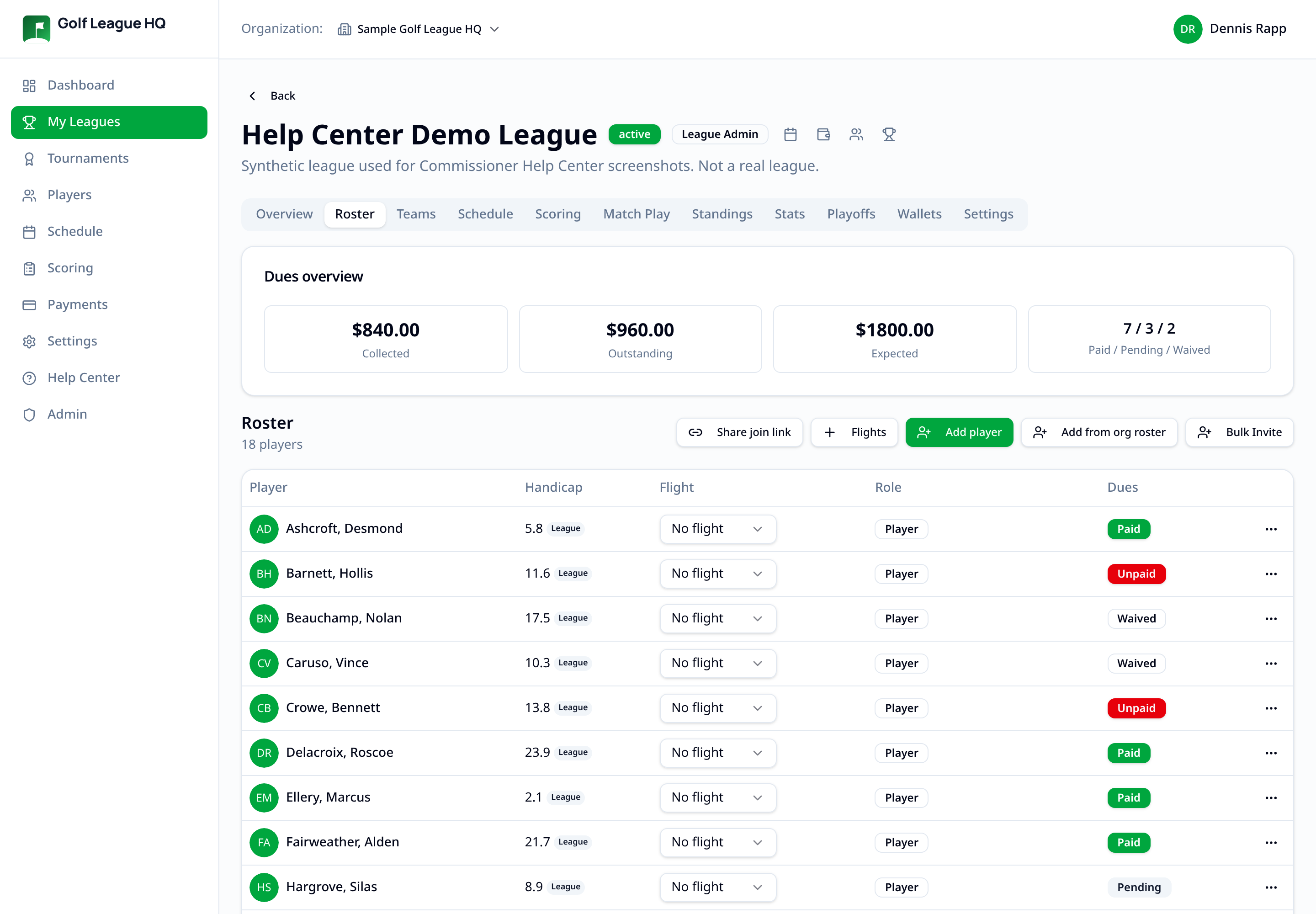 League Roster tab listing players with handicap, role, availability and dues status columns