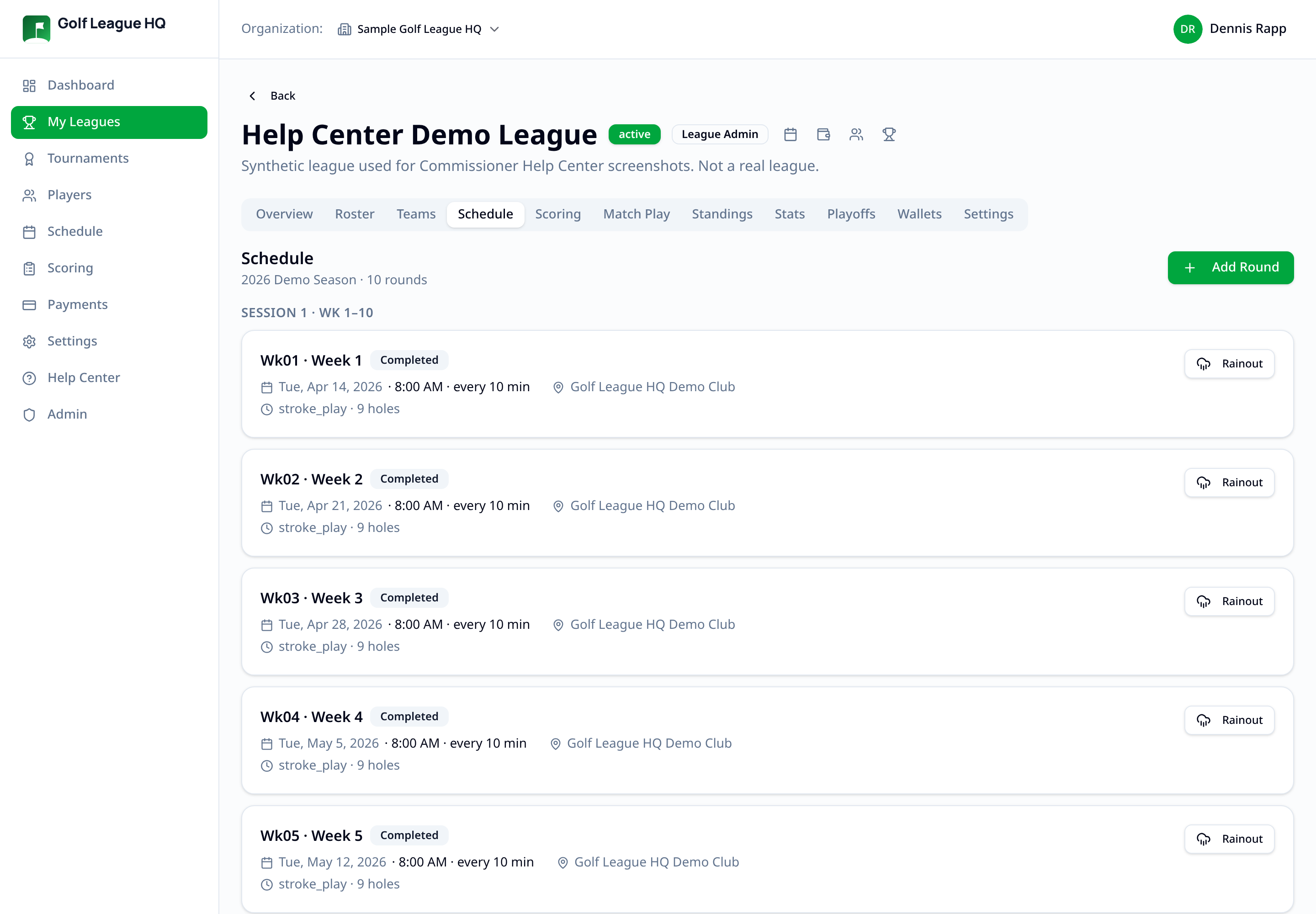 Schedule tab listing ten weekly rounds with dates, courses, statuses and management actions