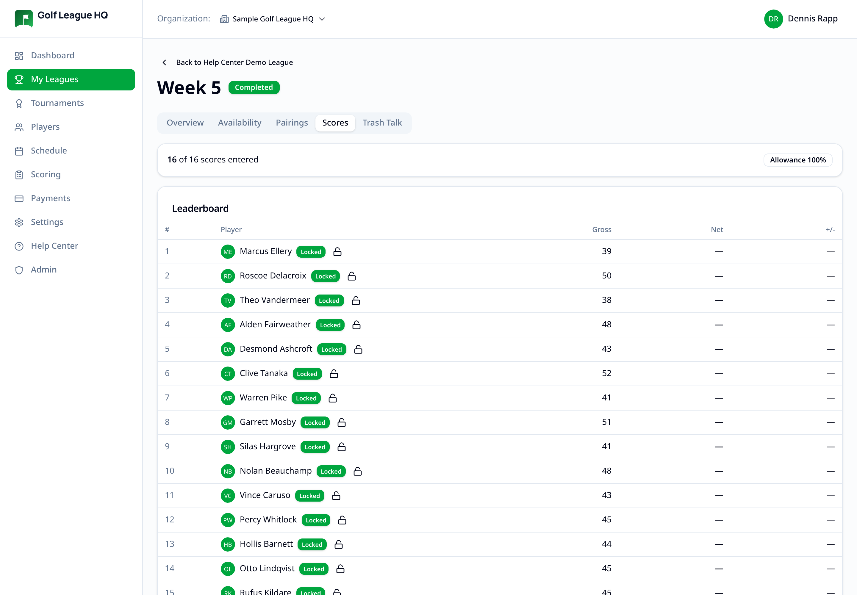 Round Scores tab showing verified scorecards with Locked badges and an unlock control beside each player