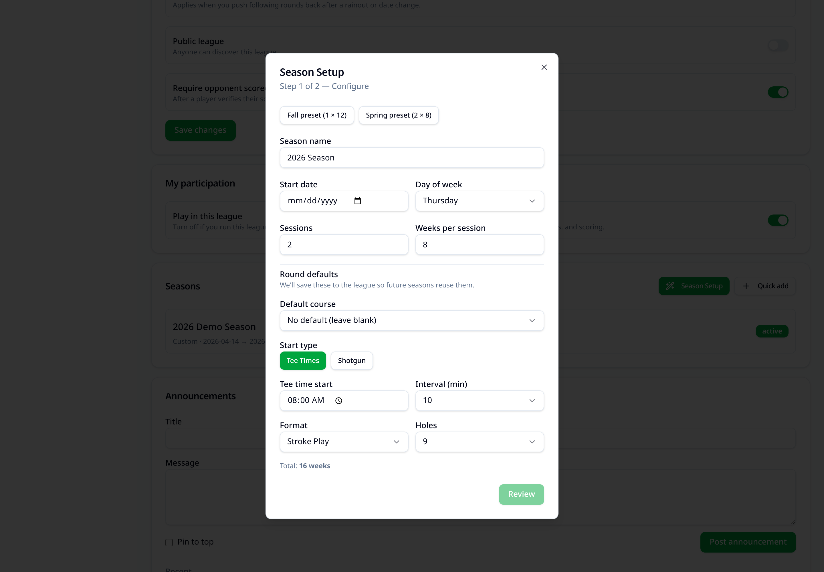 Season Setup Wizard dialog with fields for season name, start date, sessions, weeks and round defaults
