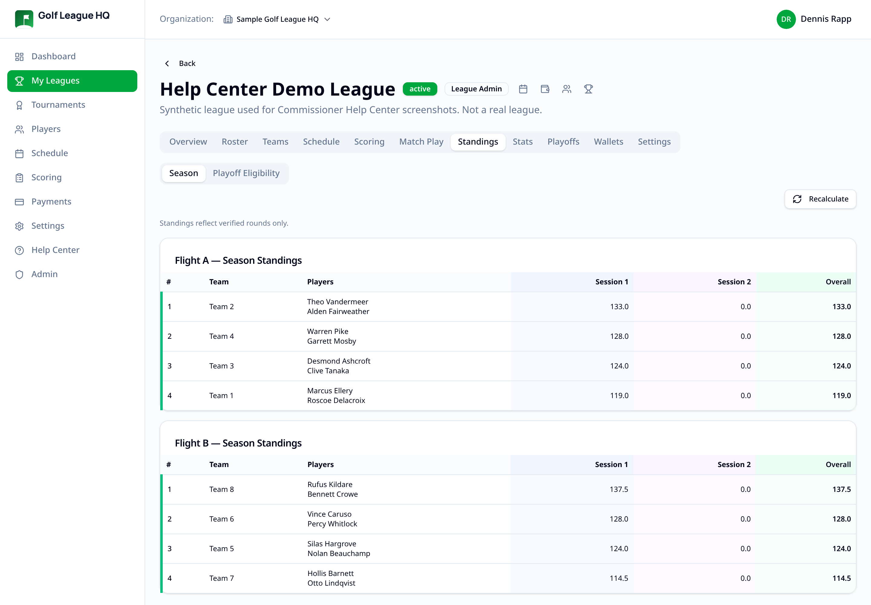 Standings tab showing Flight A and Flight B season standings with session and overall point totals and a Recalculate button