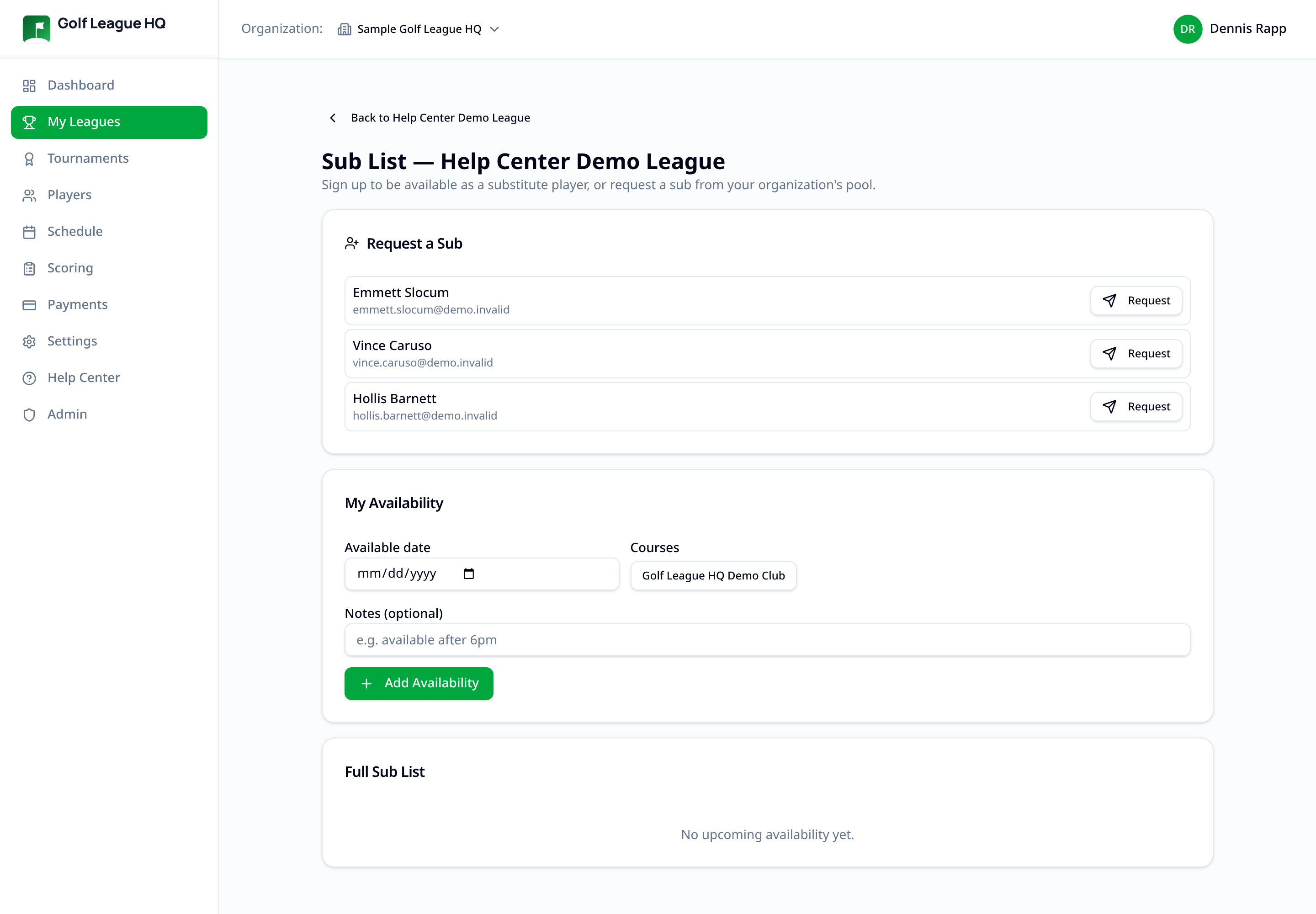 Sub List page with a Request a Sub panel listing available players and a My Availability form
