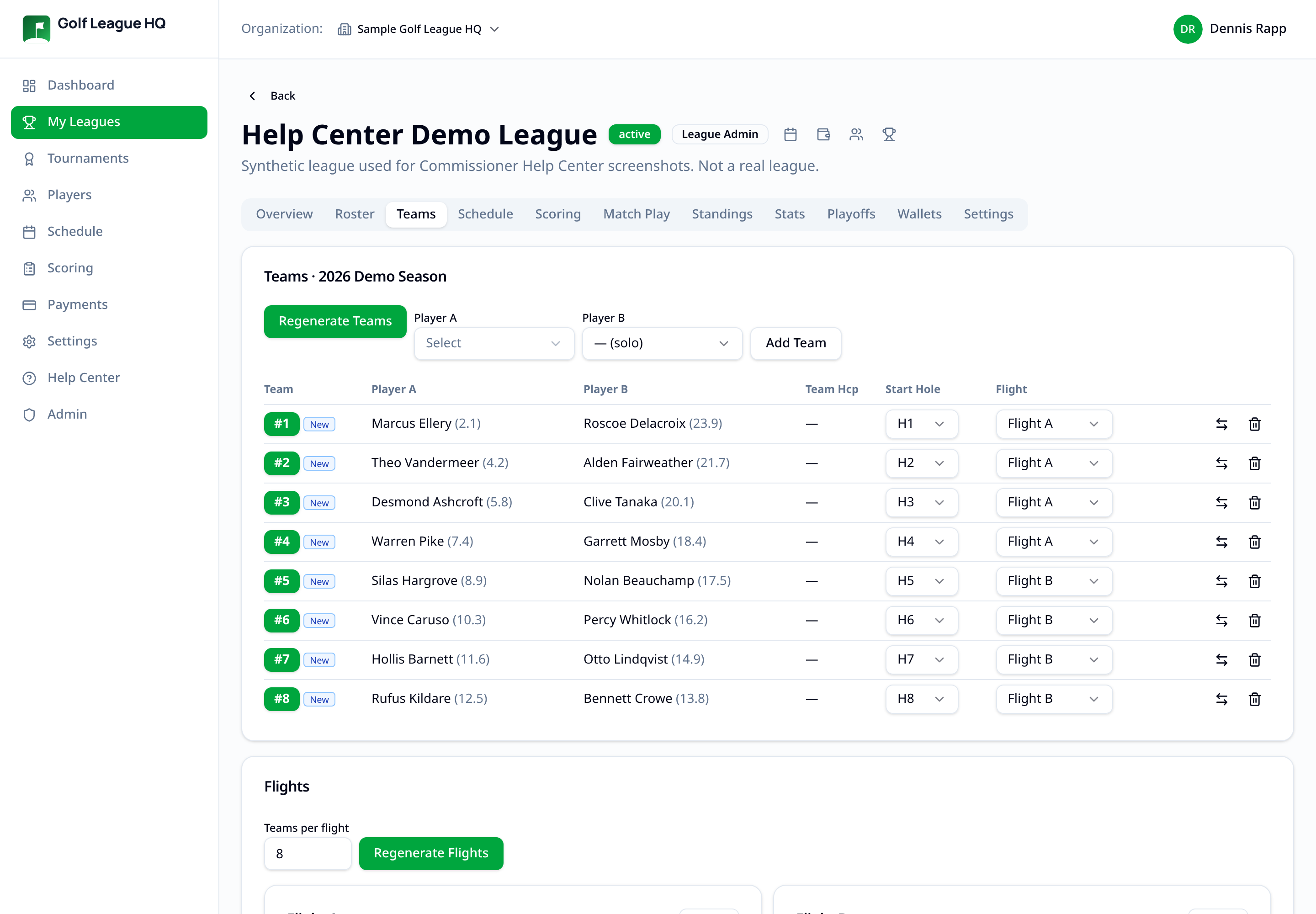 Teams tab showing generated two-person teams with player names and team handicap columns