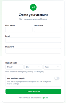 Golf League HQ signup form showing first name, last name, email, password, and date of birth fields