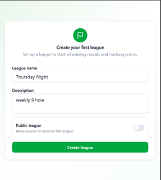 Create your first league screen with league name, description, and public or private visibility options