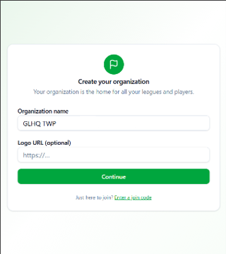 Create Organization screen with organization name and description fields