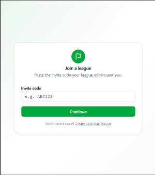 Join a League screen with a field for entering the league invite code