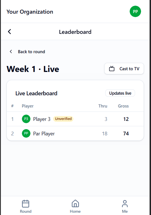 Live Leaderboard showing real-time round standings with a Cast to TV option