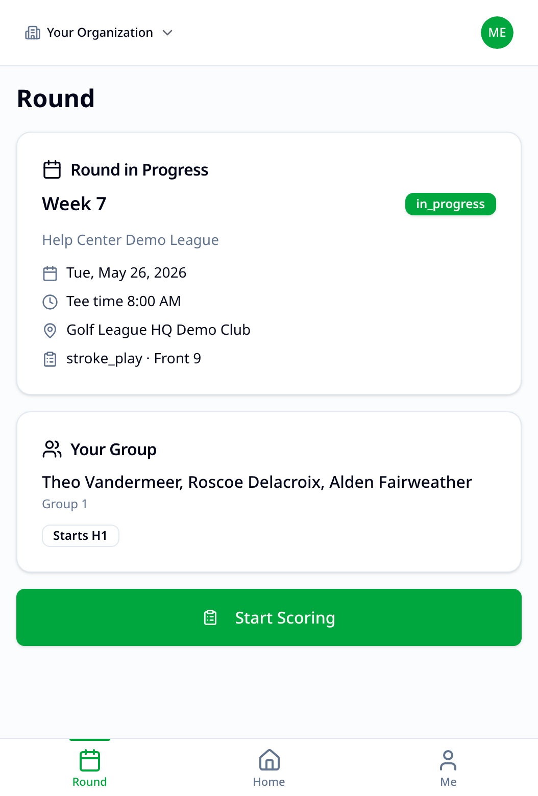Round tab pairing card showing an assigned team number and playing partner
