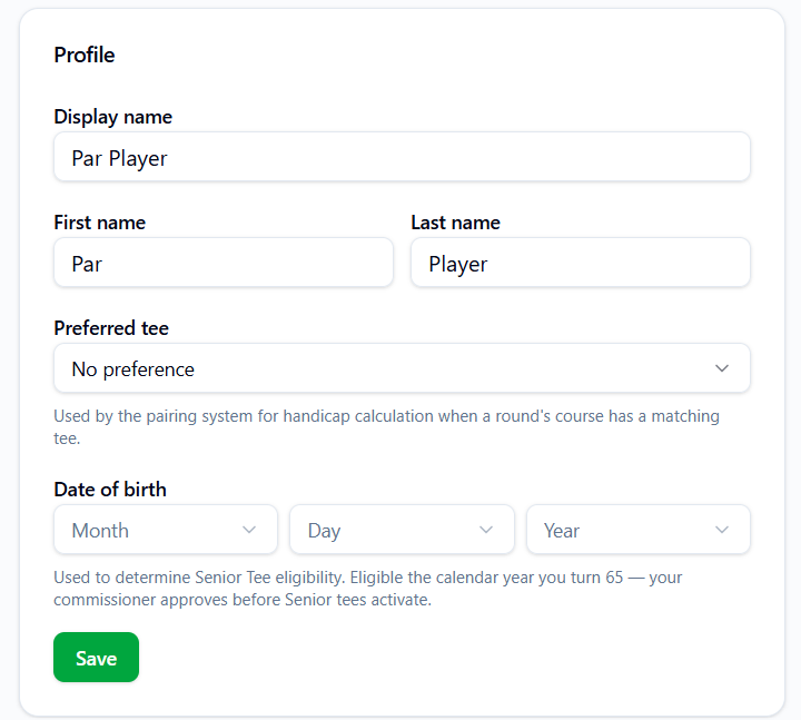 Profile settings screen with the Preferred Tee field visible alongside name and date of birth