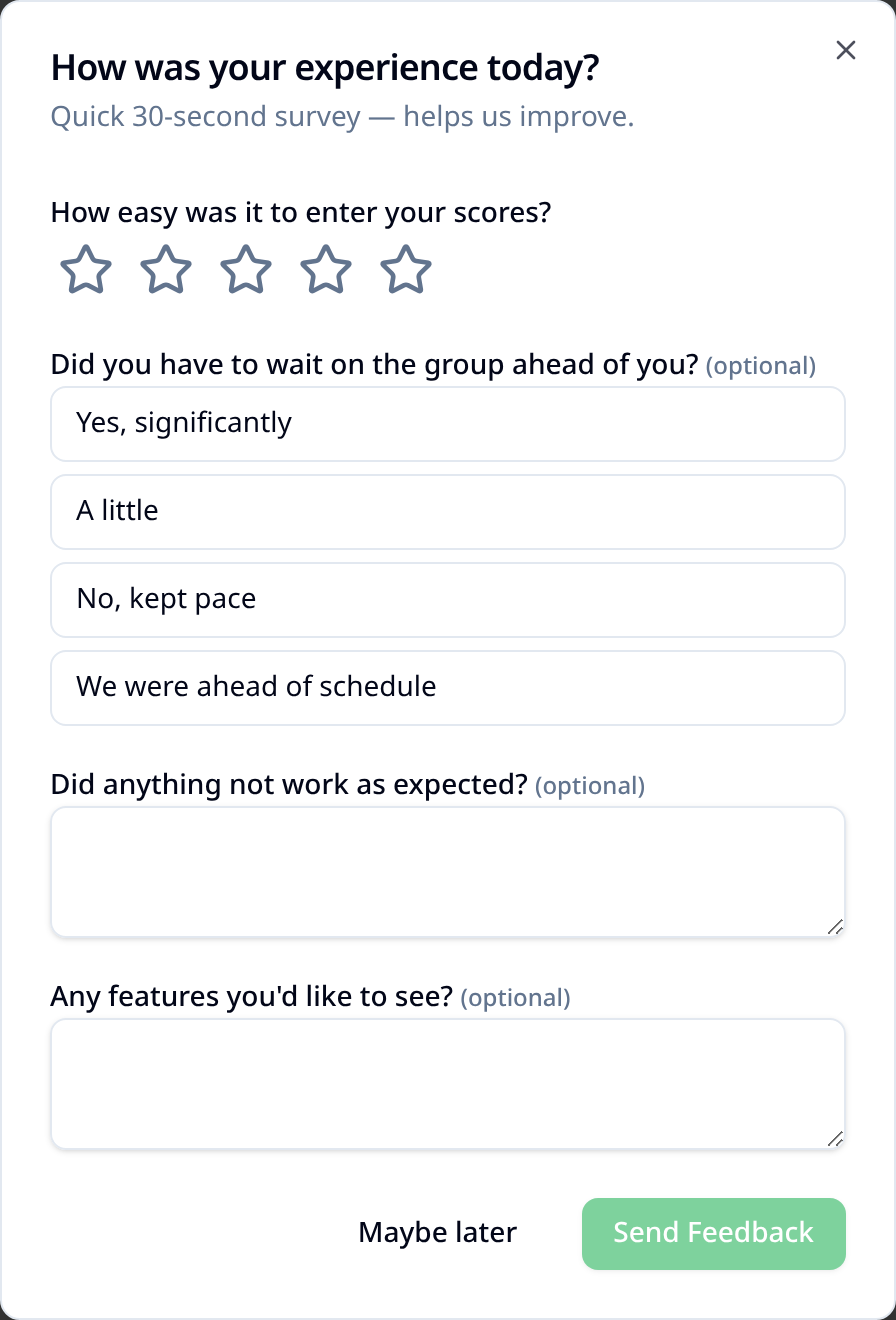 Optional quick feedback survey shown after verifying scores