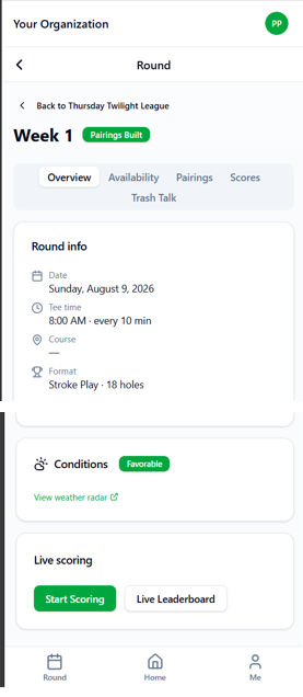 Round Overview screen showing round details, live weather conditions, Start Scoring, and Live Leaderboard