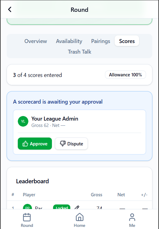 Scorecard approval prompt with Approve and Dispute options