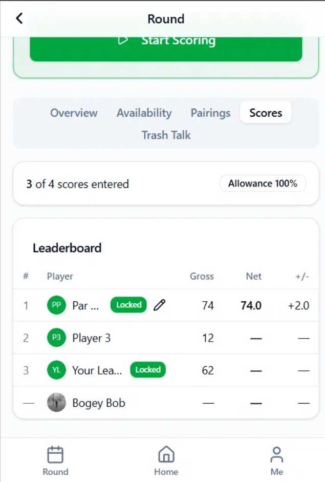 Approved scorecard showing net score and handicap-adjusted plus-minus