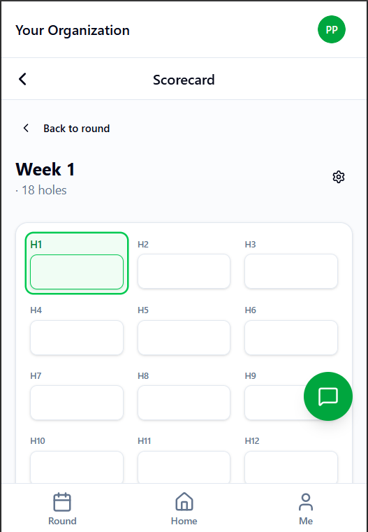 Golf League HQ digital scorecard showing an empty 18-hole grid ready for score entry