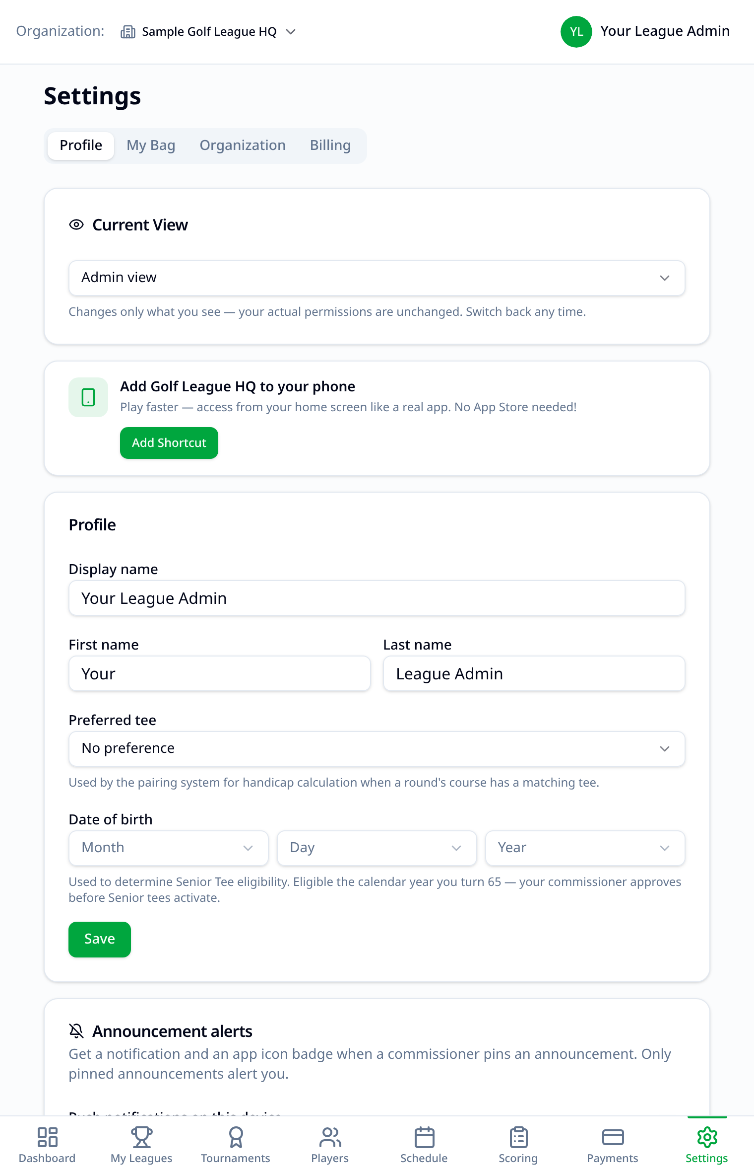 Settings overview in the Me tab showing wallet balance and league buy-in activity