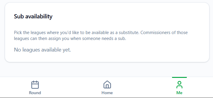 Sub Availability screen listing leagues you can make yourself available to substitute for
