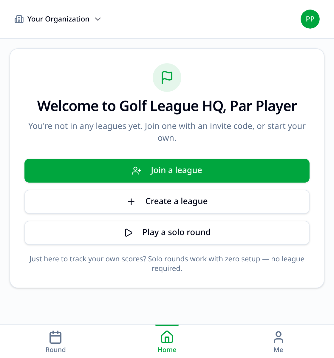 Golf League HQ welcome screen with Join a League and Create a League options and no leagues yet